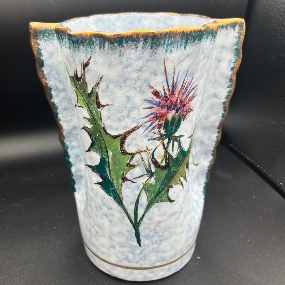 Majolica Saca Sesto Fiorentino Porcelain Vase Thistle Hand Painted Italy Vintage